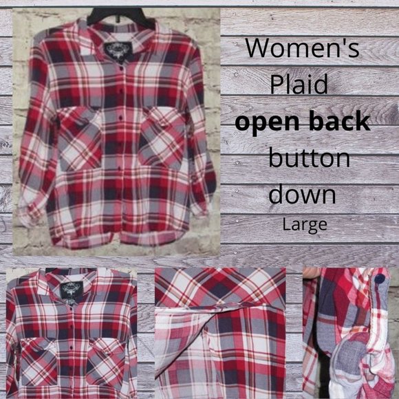 Discovery Tops - Women's  plaid  open back button down Large